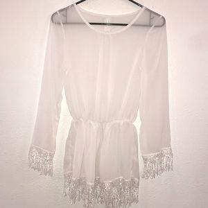 See through long sleeve top with fringe NWOT